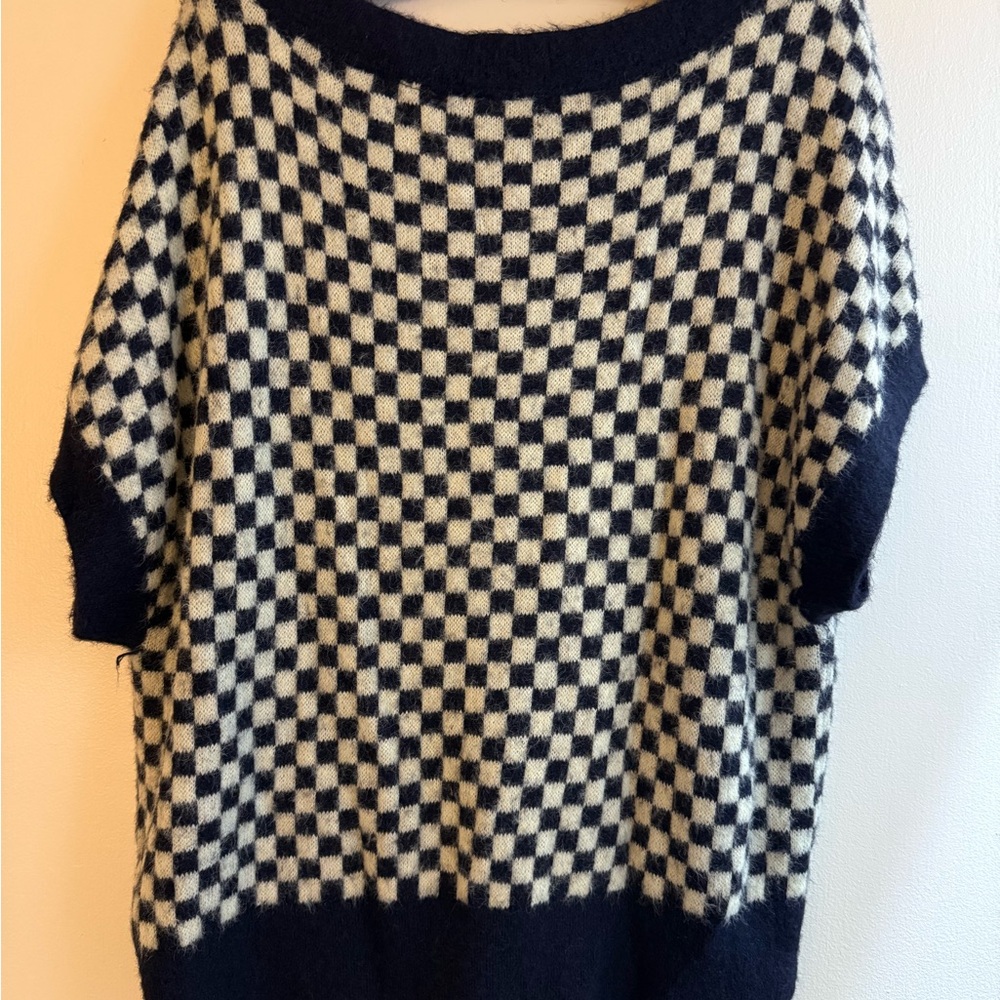 Free People Navy and White Checkered Sweater